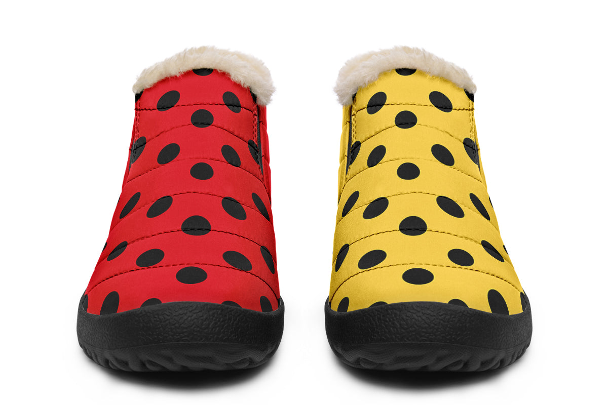 Red And Yellow Mismatched Polka Dot Winter Shoes