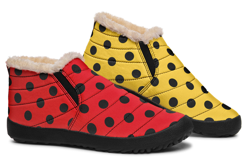 Red And Yellow Mismatched Polka Dot Winter Shoes