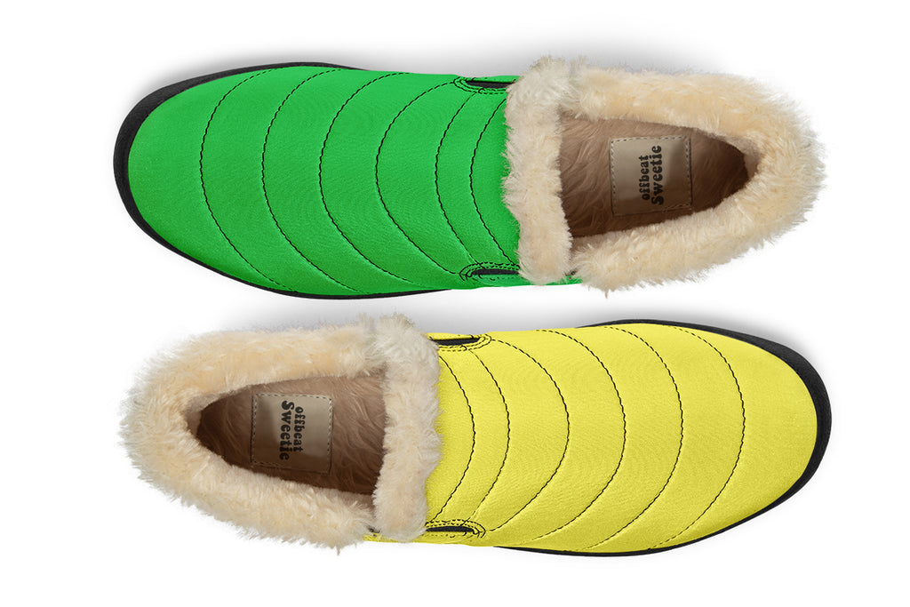 Yellow And Green Mismatch Winter Shoes - Offbeat Sweetie