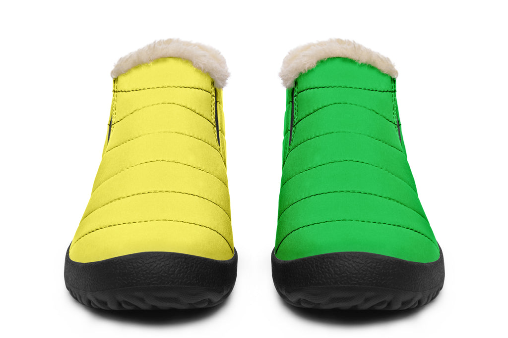 Yellow And Green Mismatch Winter Shoes - Offbeat Sweetie